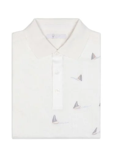 Alphauomo Beyaz Polo Yaka Yelken İşlemeli Pamuk Keten Regular Fit Tişört - 1