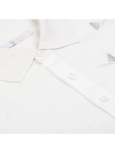 Alphauomo Beyaz Polo Yaka Yelken İşlemeli Pamuk Keten Regular Fit Tişört - 2