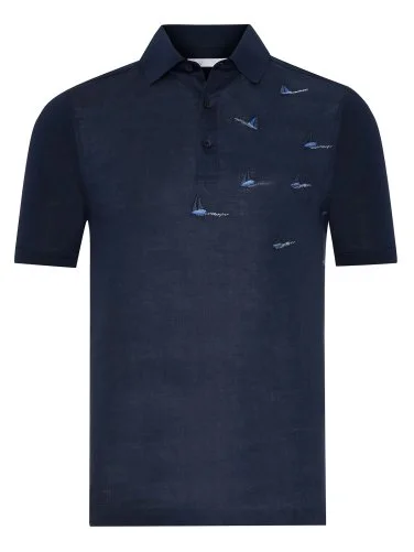 Alphauomo Lacivert Polo Yaka Yelken İşlemeli Pamuk Keten Regular Fit Tişört - 2