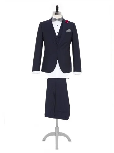 Carl Gross %100 Yün Lacivert Kendinden Desenli Peak Lapel Yaka Slim Fit Yelekli Smokin Takım Elbise - 1