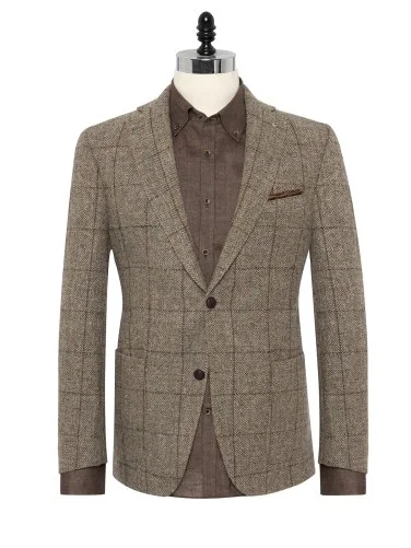 Carl Gross Harris Tweed Bej Gri Balıksırtı Kareli Kolu Peçli Yün Ceket - 1