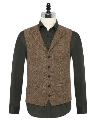 Carl Gross Harris Tweed Kahve Bej Balıksırtı Yün Yelek - 3