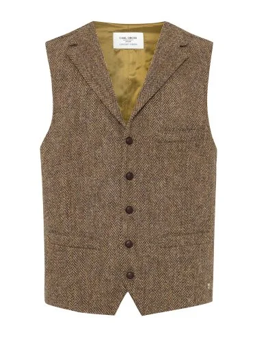 Carl Gross Harris Tweed Kahve Bej Balıksırtı Yün Yelek - 1