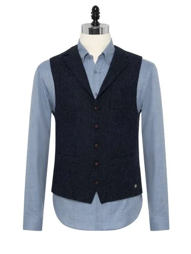 Carl Gross Harris Tweed Lacivert Mavi Balıksırtı Yün Yelek - 3