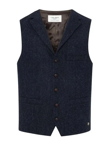 Carl Gross Harris Tweed Lacivert Mavi Balıksırtı Yün Yelek - 1