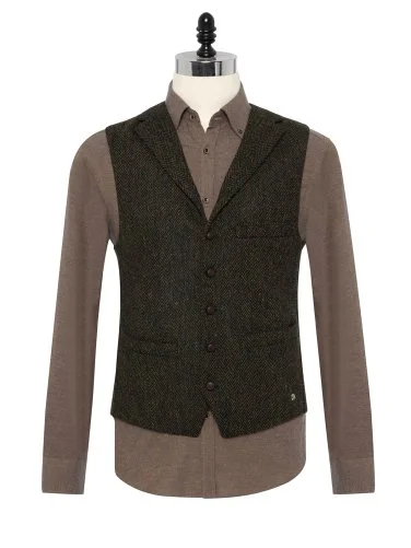 Carl Gross Harris Tweed Yeşil Taba Balıksırtı Yün Yelek - 3