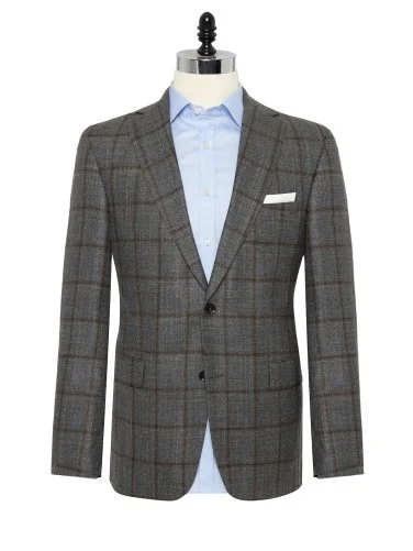 Carl Gross Loro Piana Gri Kahve Kareli Yün İpek Kaşmir Ceket - 1