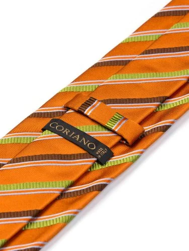 Coriano Turuncu Yeşil Kahve İnce Çizgili İtalyan Kravat - 2