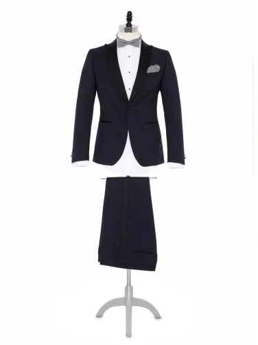 Carl Gross 100% Wool Navy Blue Peak Lapel Collar Satin Garnish Slim Fit Tuxedo Suit - 1