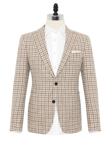 Carl Gross Beige Plaid Carlo Barbera Regular Fit Wool Silk Cotton Jacket - 1