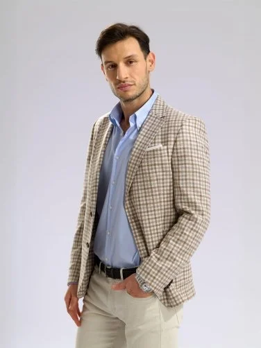 Carl Gross Beige Plaid Carlo Barbera Regular Fit Wool Silk Cotton Jacket - 7