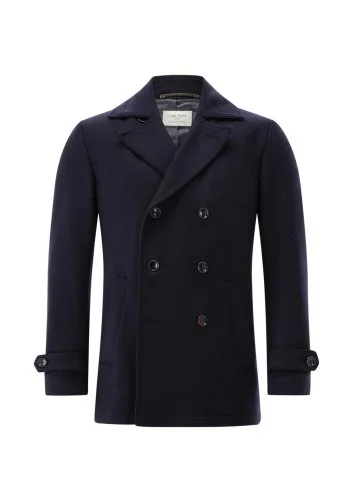 Carl Gross Navy Blue Textured Wool Double Breasted Men's Coat - 1