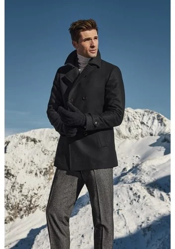 Carl Gross Navy Blue Textured Wool Double Breasted Men's Coat - 3