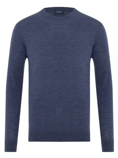 Crew Neck Airy Blue Merino Wool Sweater with Germirli - 1