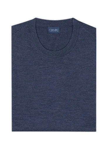 Crew Neck Airy Blue Merino Wool Sweater with Germirli - 2