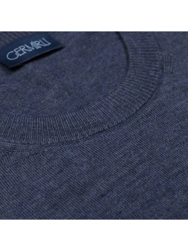 Crew Neck Airy Blue Merino Wool Sweater with Germirli - 3