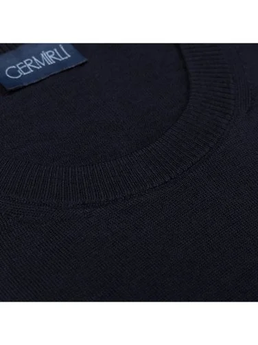Germirli Navy Blue Merino Wool Sweater with Crew Neck - 3