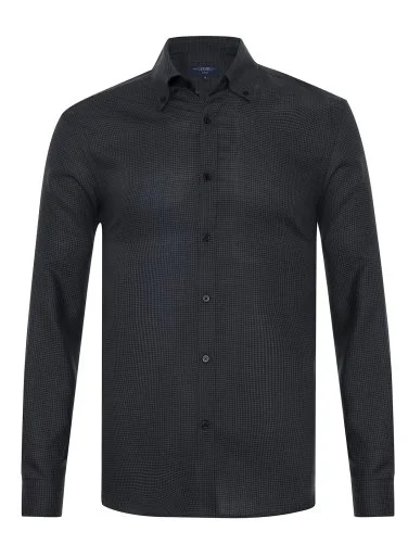 Germirli Black Anthracite Patterned Thomas Mason Button-down Collar Tailor Fit Pure Wool Shirt - 1