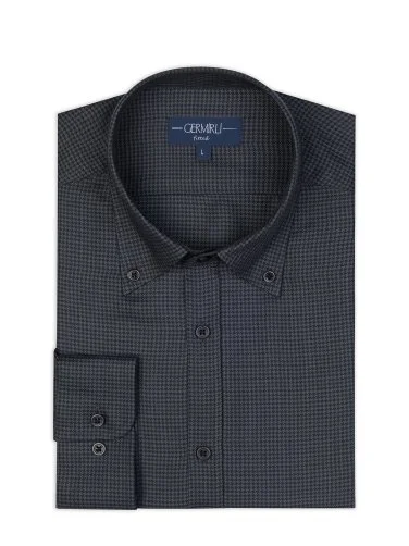 Germirli Black Anthracite Patterned Thomas Mason Button-down Collar Tailor Fit Pure Wool Shirt - 2