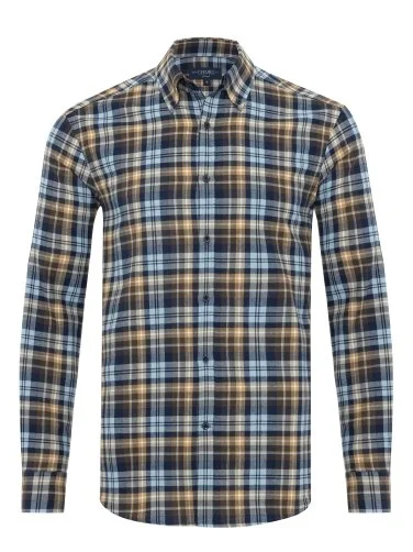 Germirli Blue Coffee Flannel Plaid Albiate Button-down Collar Tailor Fit Cotton Lumberjack Shirt - 1