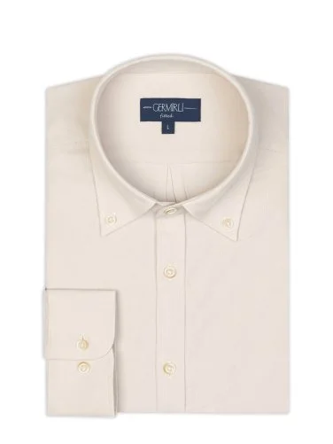 Germirli Cream Color Thin Velvet Albini Button-down Collar Tailor Fit Pure Cotton Shirt - 2