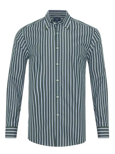 Germirli Green Blue Striped Button-down Collar Exclusive Tailor Fit Cotton Shirt - 1