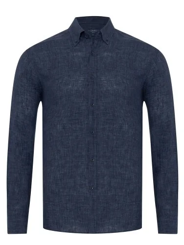 Germirli Indigo Navy Blue Delave Linen Button-down Collar Tailor Fit Shirt - 1