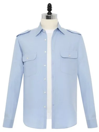 Germirli Light Blue Cotton Linen Tencel Epaulette Double Flap Pocket Foldable Sleeve Hello Shirt - 1