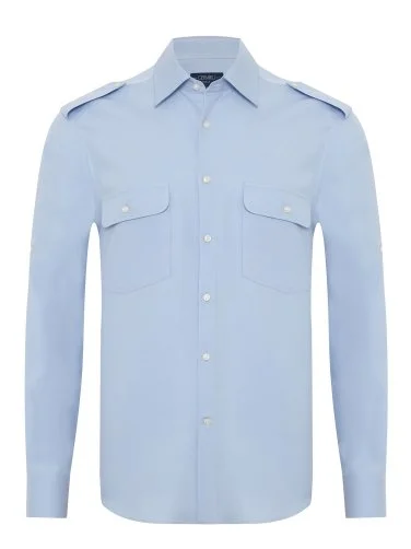 Germirli Light Blue Cotton Linen Tencel Epaulette Double Flap Pocket Foldable Sleeve Hello Shirt - 2