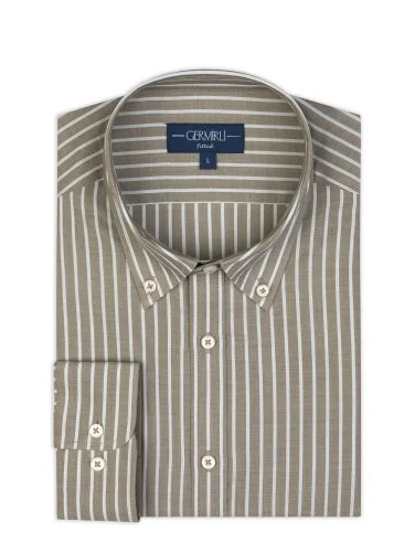 Light Brown Voile Button-Down Collar Tailor Fit Cotton Shirt with Germirli - 2