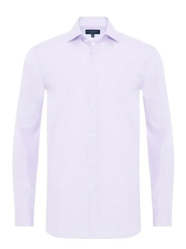 Germirli Lilac Plain Tailor Fit Relaxed Fit Italian Collar Satin Textured Cotton Exclusive Shirt - 1