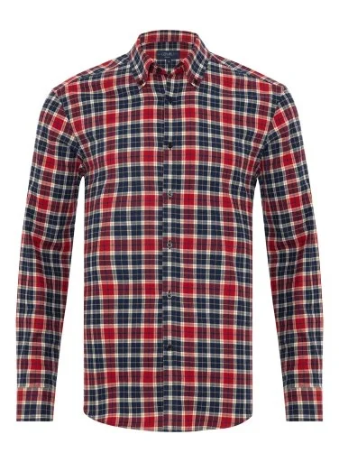 Red Navy Flannel Plaid Albiate Button-Down Collar Tailor Fit Cotton Lumberjack Shirt with Germirli - 1