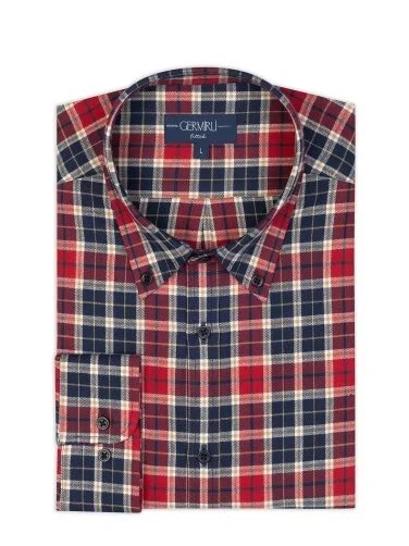 Red Navy Flannel Plaid Albiate Button-Down Collar Tailor Fit Cotton Lumberjack Shirt with Germirli - 2