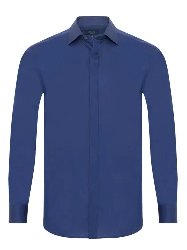 Germirli Saks Blue Tailor Fit Hidden Placket Classic Collar 70/1 Cotton Shirt - 1