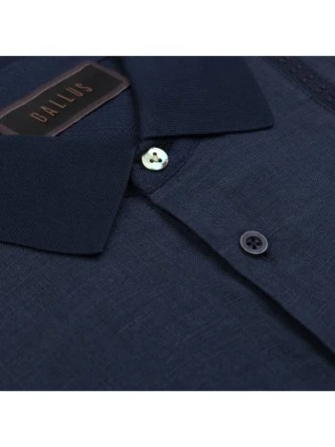 Gallus Navy Blue Polo Collar Patterned Pocket Regular Fit Cotton Linen T-Shirt - 3