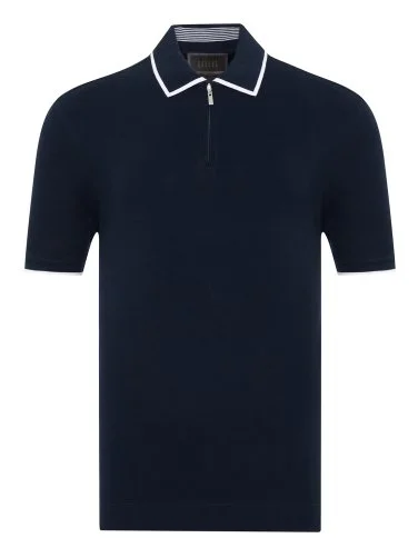 Gallus Navy Blue Zippered Polo Collar Pique Mercerized Regular Fit T-Shirt - 1