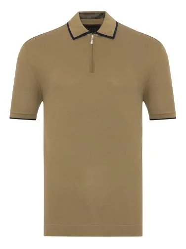 Gallus Olive Green Zippered Polo Collar Pique Mercerized Regular Fit T-Shirt - 1