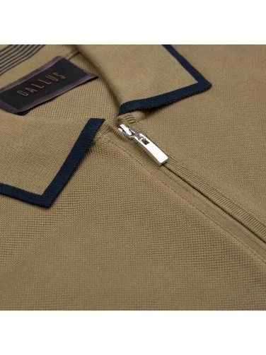 Gallus Olive Green Zippered Polo Collar Pique Mercerized Regular Fit T-Shirt - 3