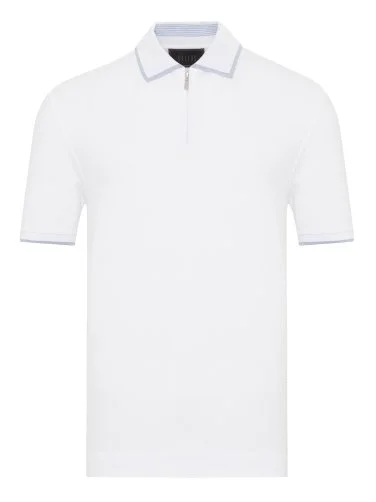 Gallus White Zippered Polo Collar Pique Mercerized Regular Fit T-Shirt - 1