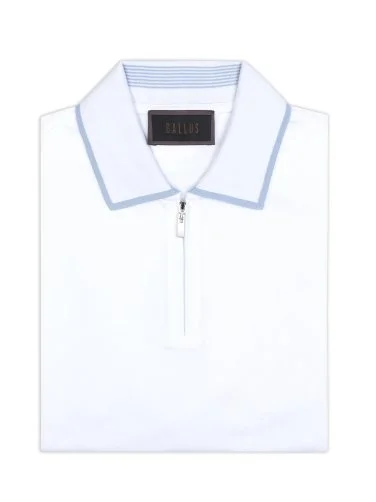 Gallus White Zippered Polo Collar Pique Mercerized Regular Fit T-Shirt - 2