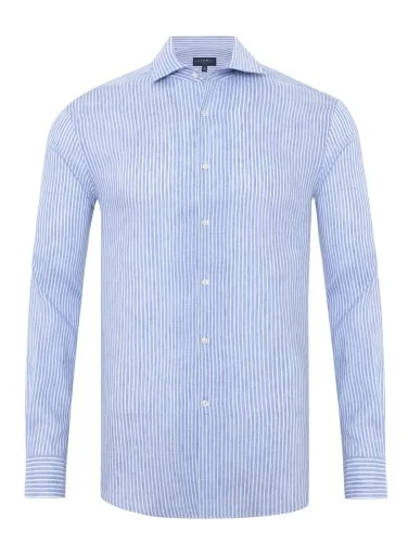 Germirli Albini Blue White Striped Nevapas Lapel Collar Linen Shirt - 3