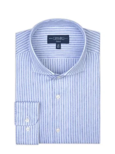 Germirli Albini Blue White Striped Nevapas Lapel Collar Linen Shirt - 6