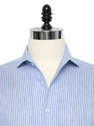 Germirli Albini Blue White Striped Nevapas Lapel Collar Linen Shirt - 2