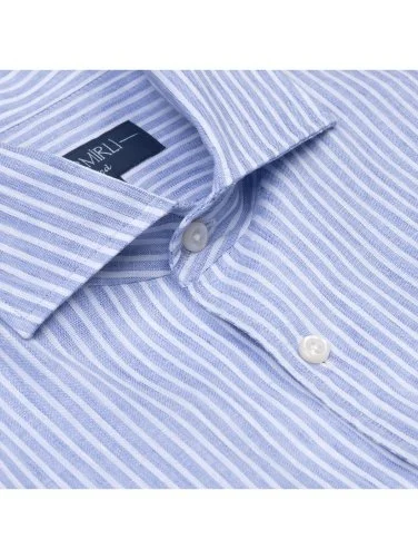 Germirli Albini Blue White Striped Nevapas Lapel Collar Linen Shirt - 5