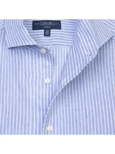 Germirli Albini Blue White Striped Nevapas Lapel Collar Linen Shirt - 4