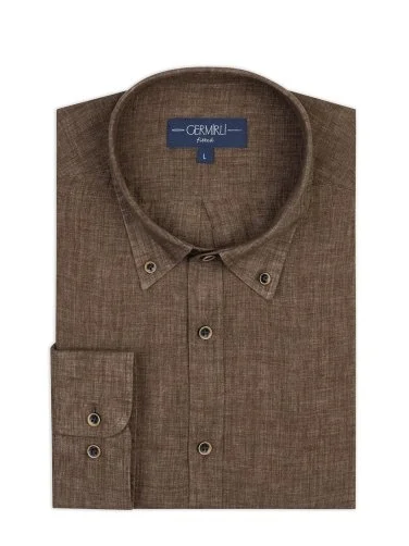 Germirli Albini Brown Button-down Collar Tailor Fit Delave Linen Shirt - 2