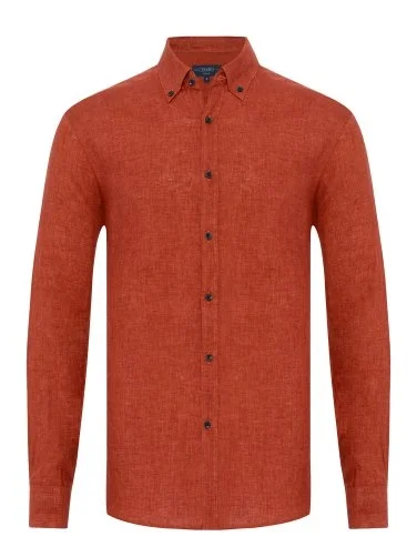 Germirli Albini Burnt Orange Button-down Collar Tailor Fit Delave Linen Shirt - 1
