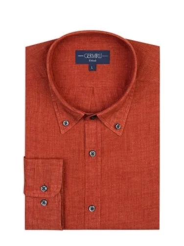 Germirli Albini Burnt Orange Button-down Collar Tailor Fit Delave Linen Shirt - 2