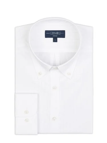 Germirli Albini Button Down Collar Tailor Fit White Self-Striped Cotton Voile Men's Shirt - 3