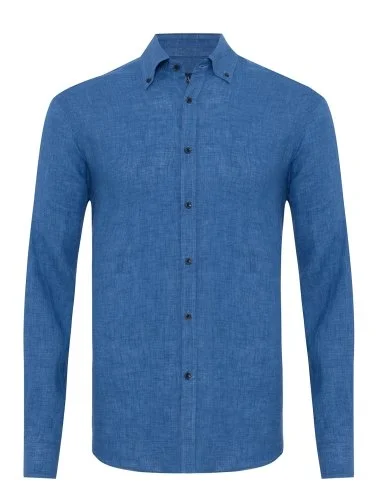 Germirli Albini Cobalt Blue Button-down Collar Tailor Fit Pure Linen Shirt - 1